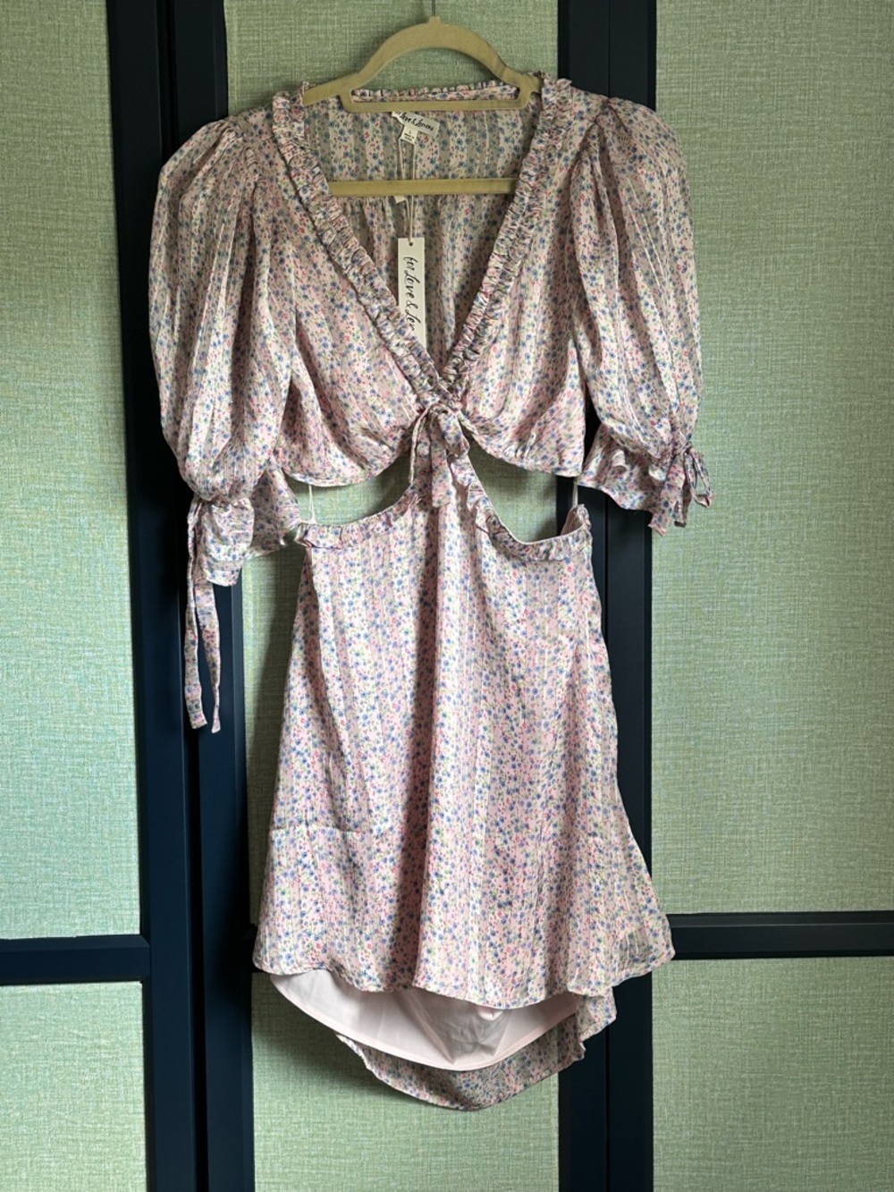 For Love & Lemons Phoebe Pink Floral Satin Cut Out Mini Dress, NWT, Size L - Picture 3 of 9